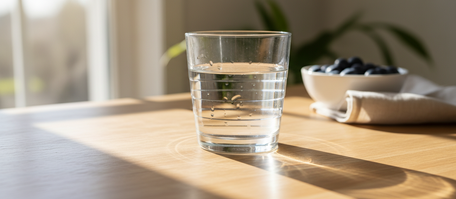 A glass of water on a sunlit bedside table