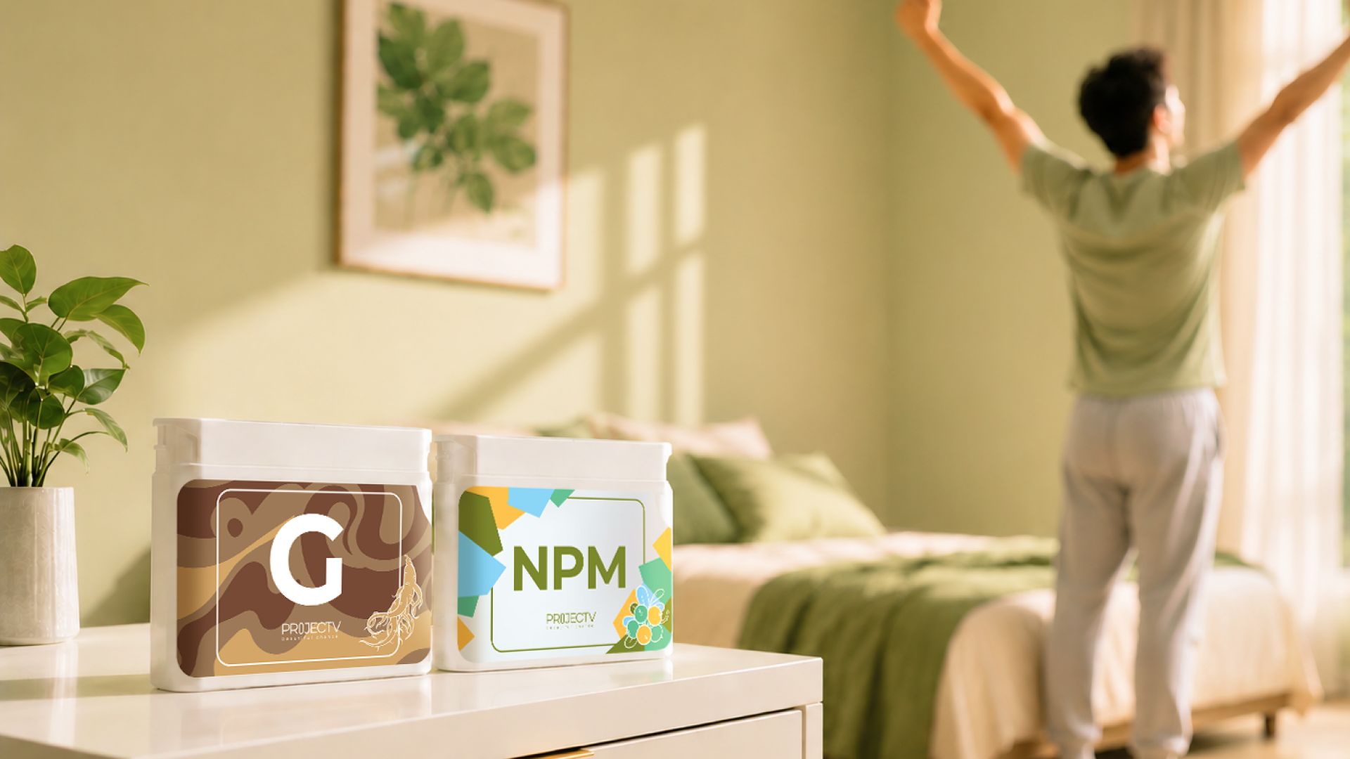 Person stretching beside a bed in a sunlit bedroom