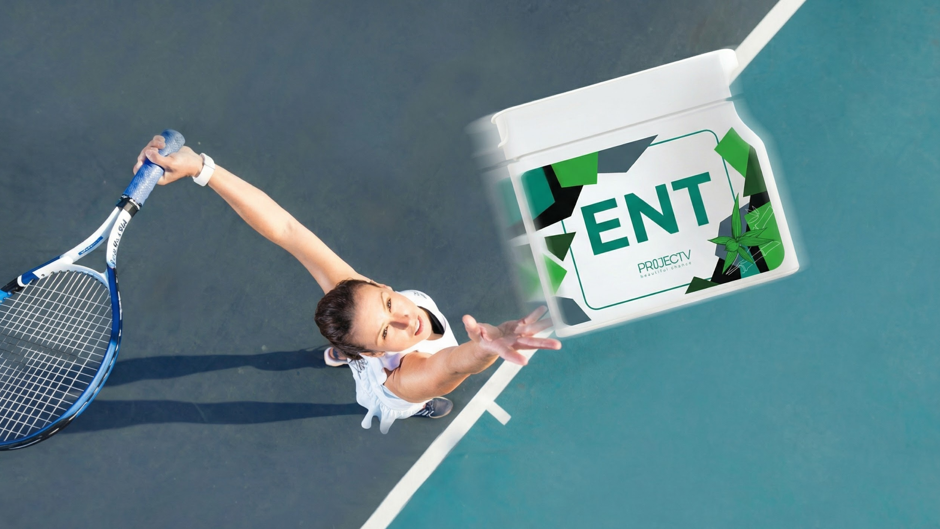 Immune wellness supplement suspended above a person