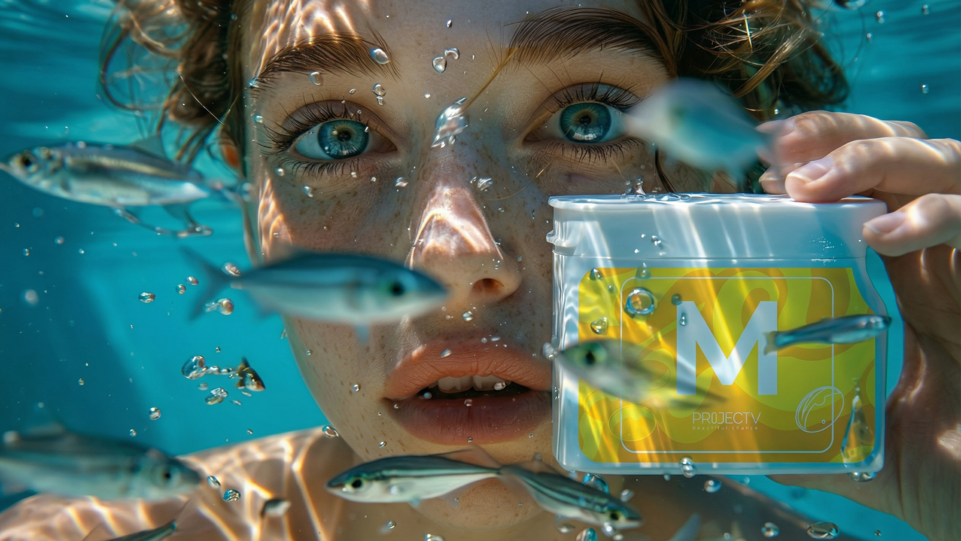 Woman relaxing underwater with a wellness drink