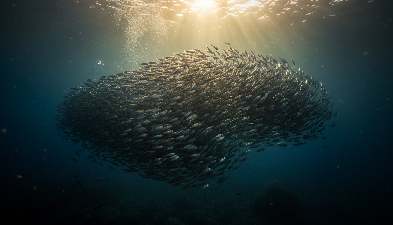 A school of fish swimming in deep water